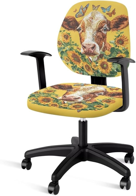 GLENLCWE Sunflower Cow Butterfly Computer Office Chair Covers Protective Stretchable Chair Cover Rotating Chair Slipcover Desk Armchair Cover Suitable for Computer Chairs Office Chairs