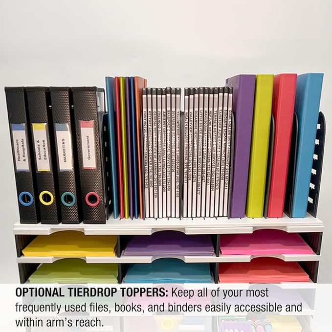 Ultimate Office Desktop Organizer 9 Letter Tray Sorter PLUS Riser Storage Base for Easy Access to Lower Slots, Desk Accessories & Supplies. Optional File Topper & Drawers