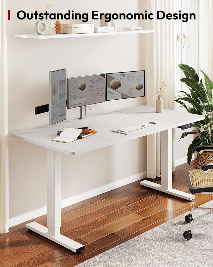 SANODESK Dual Motor Electric Standing Desk 63 x 28 Inches, Height Adjustable Sit Stand Desk with Large Splice Board for Home Office, Computer Workstation, Study & Gaming, White Frame/White Top