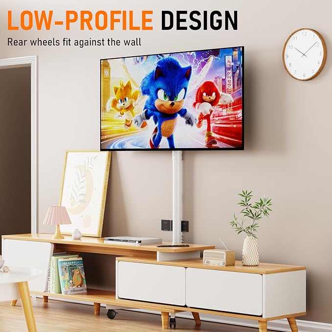 Mobile TV Cart Rolling TV Stand for 23-60 Inch LCD LED OLED Flat Curved Screens up to 88 lbs, Height Adjustable Portable TV Cart with Locking Wheels, Outdoor TV Stand Mount, Max VESA 400x400mm, White