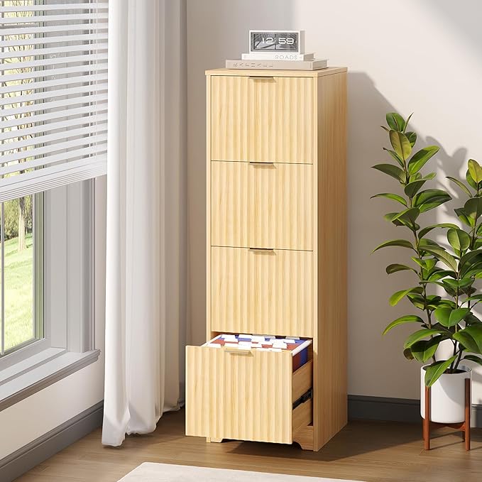 VINGLI Tall 4 Drawer File Cabinet, Home Office Filing Organizer, for Letter Size File Folder Storage, Modern Style Fluted Design, Wood Vertical Filing Cabinet, Printer Stand, Archivador (Oak)