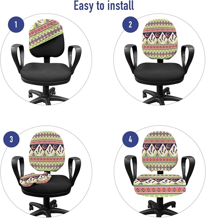 Ambesonne Aztec Office Chair Slipcover, Bohemian Composition of Crescent Stars and Feathers, Protective Stretch Decorative Fabric Cover, Standard Size, Green Coral