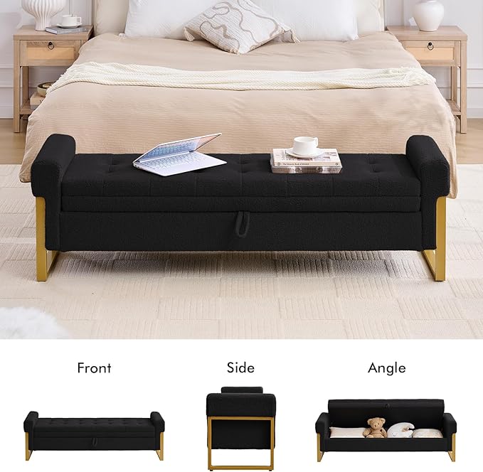 67" End of Bed Storage Bench King Size, Bench for Bedroom Foot of Bed, Upholstered Teddy Storage Ottoman with Gold Legs for Window Living Room, Teddy Black
