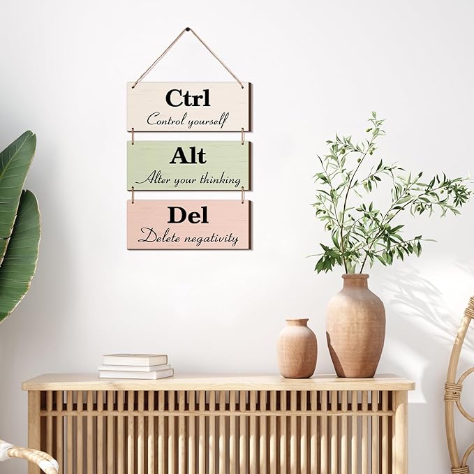 Qunclay 3 Pcs Office Wall Decor Boho Leaves Wood Rustic Hanging Cubicle Decor Summer Inspirational Ctrl Alt Del Sign Decoration for Bathroom Indoor Home Living Room