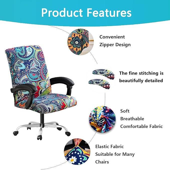 Office Chair Cover,Removable Desk Chair Cover with Zipper,Stretch Anti-dust Universal Rotating Office Seat Slipcover,Washable High Back Computer Seat Protector for Pets (Blue, Large | Armrests)