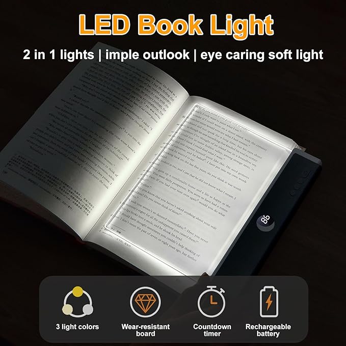 Book Light, Rechargeable Reading Lights for Books in Bed - Eye Caring 3 Color Temperatures, Stepless Dimming Brightness, Timer, Long Lasting, Portable Flat Book Light for Book Lovers (Black)