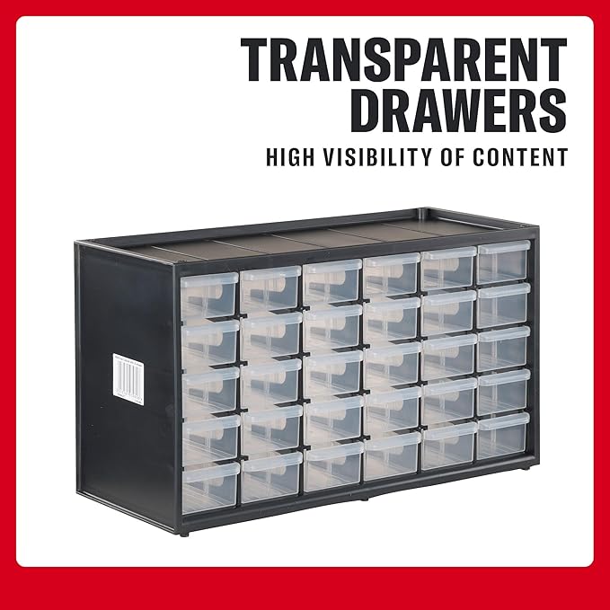 CRAFTSMAN Storage Organizer, 30 Small Drawer Modular Storage System, Easily Stackable, Plastic, Black, White (CMST40730)