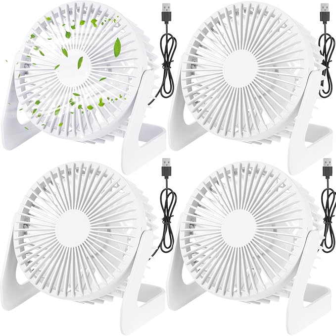 Geelin 4 Pcs Desk Fan 5 Inch Small Table Fan Desktop USB Office Speeds Portable Quiet Operation and 360 Degree Rotate, Convenient Carry Handle Personal Table for Home, Office (Beige)