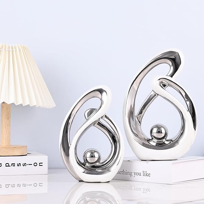 Abstract Ceramic Statue Set of 2, White and Silver Home Decor, Modern Art Living Room Decor, Room Accessories tv cabinets Bookshelves dividers Dining Table centerpieces, Foyer Entry Decor.