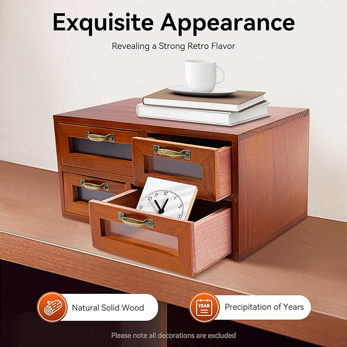 4 Pcs Vintage Wooden Storage Box, 16 Drawer Desktop Organizer for Home Office Organization, Brown Storage Cabinet for Storing Small Items like Cosmetics and Cards