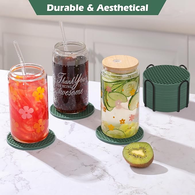 TWTLi Silicone Coasters Set of 8 with Holder,Coasters for Drinks,Beer,Coffee Coasters,Suitable for Kinds Cups,Hot or Cold,Anti-SLI,Non-Stick,Anti-Overflow Tabletop Protection and Decor (8 Pcs, Green)