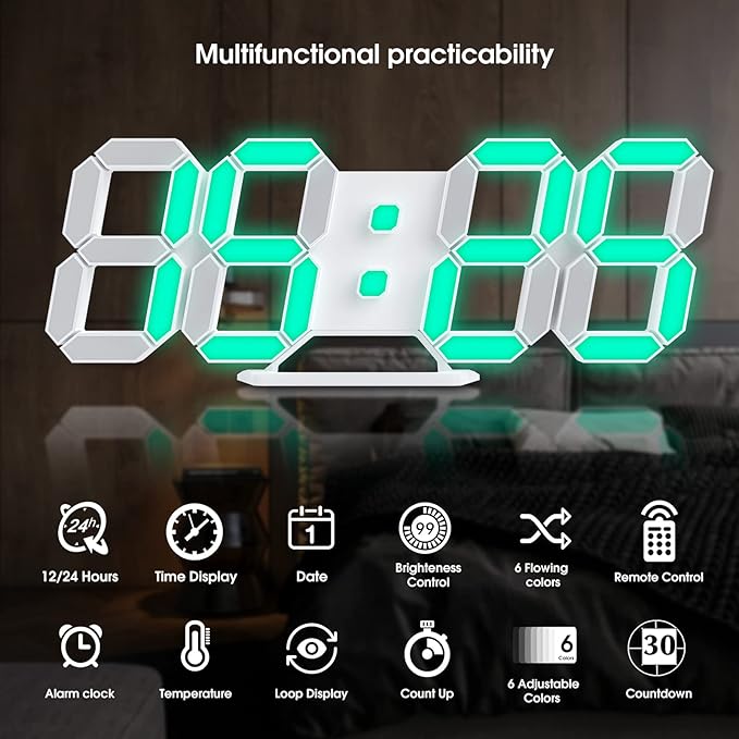 3D LED Digital Wall Clock 9.7" RGB Neon Alarm Clock, Large Display Desk/Wall Clock for Bedroom Living Room, 7 Colors Night Light, Adjustable Brightness, Time Date Temperature, 12/24H