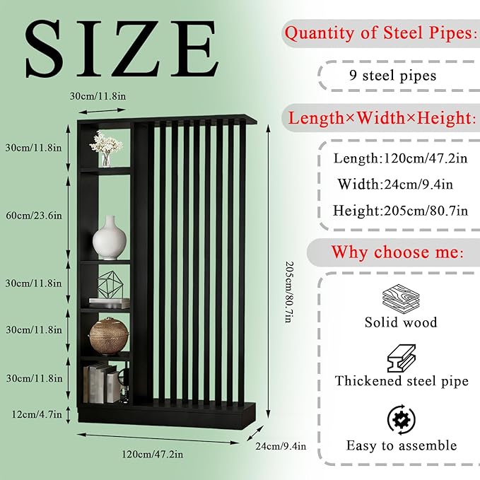 Room Divider with Shelves, Entrance Hall Partition Screen Column Floor to Ceiling - Freestanding Room Divider with Storage Shelf, Freestanding Decor for Bedroom (A Black + Black, 47.2in / 120cm)