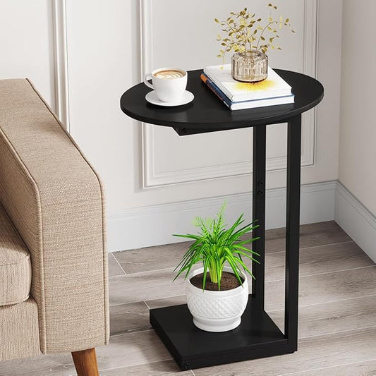 Hosfais Small Side Table End Table, C-Shaped Wood Coffee Table TV Tray for Eating Couch Tables for Small Space, Living Room, (Black)