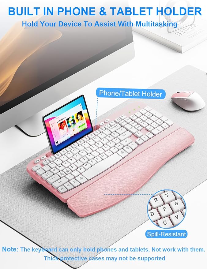 Wireless Keyboard and Mouse Combo, Wave Keys Computer Ergonomic Keyboard with Cushioned Plam Rest, Phone Holder, 2.4GHz Silent 6 Button Wireless Mouse Set for Laptop, PC, Windows, Mac (Pink)