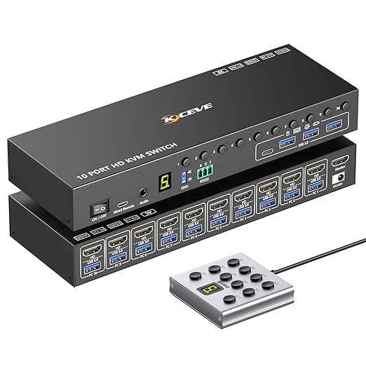 10 Ports HDMI KVM Switch 4K@60Hz EDID Simulation,USB 3.0 KVM Switch for 10 Computers Share 1 Monitor and 4 USB Devices, KVM Switches with Audio RS232 Wired Remote 12V Power and USB Cable