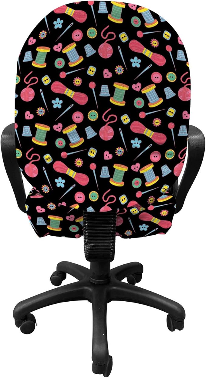 Ambesonne Hobby Office Chair Slipcover, Colorful Sewing Tools on The Dark Background Handicraft Needlework Knit Theme, Decorative Stretch and Washable Fabric Cover, Standard Size, Multicolor Pink