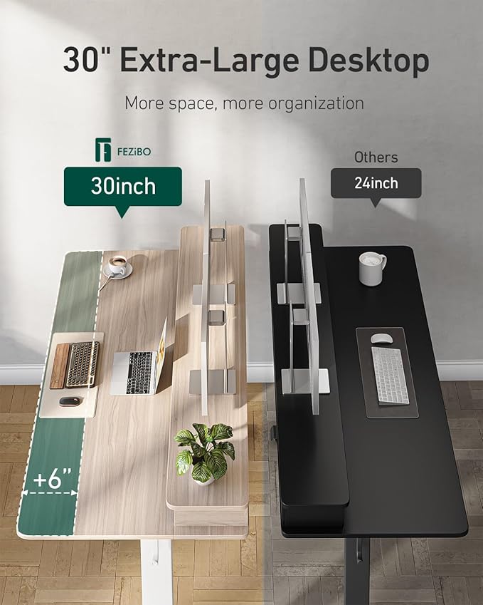 CubiCubi 55" x 30" Standing Desk with Drawers, Height Adjustable Electric Workstation, Computer Sit Stand Up Table with Large Storage Shelf 4 Drawers and 2 Hooks, Light Rustic Brown