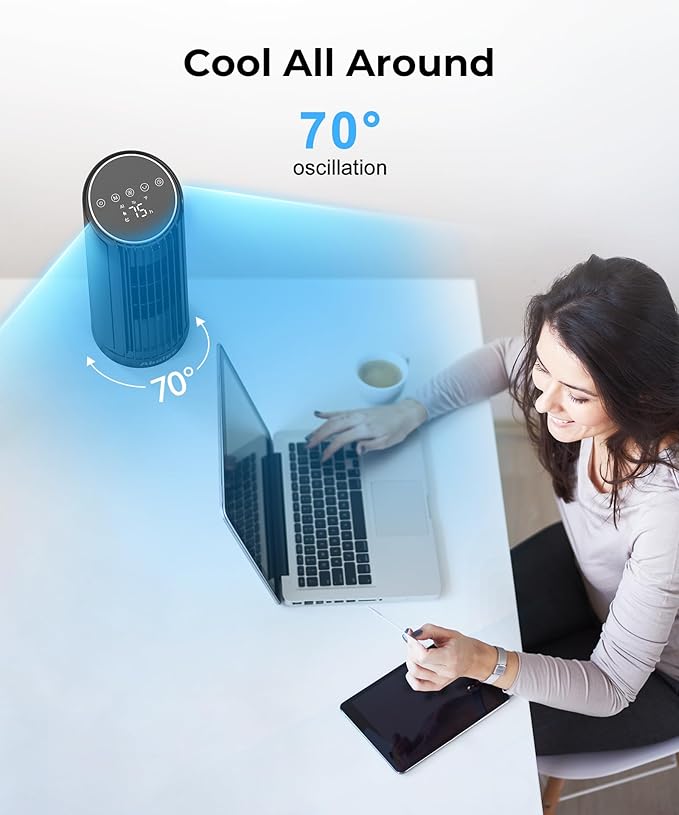 Abolee Tower Fan, 23ft/s Desk Fan with Remote, 70° Oscillating, Standing Table Fan with 4 Speeds, 4 Modes, 12Timer, 2026 New 13'' Bladeless Fan for Bedroom Office, Home