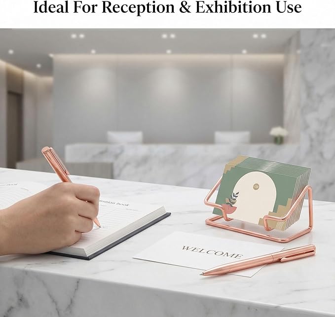 2 Pack Minimalist Metal Business Card Holder, Simple Wire Frame Desktop Organizer for Name Cards, Place Cards and QR Codes, Affordable Elegant Display for Office, Wedding and Home Decor(Rose Gold)