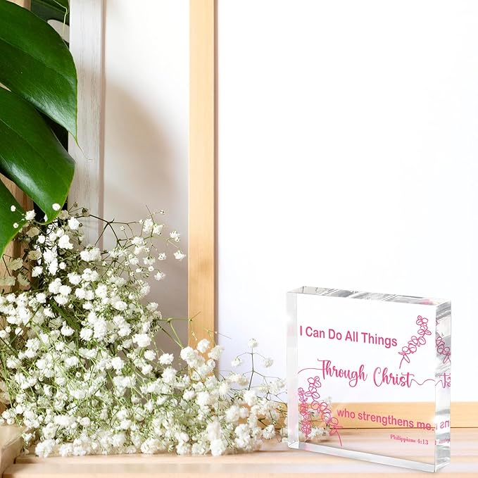 I Can Do All Things Through Christ Who Strengthens Me - Pink 4x4 Inch Acrylic Tabletop Decor, Uplifting Christian Desk Sign for Women, Inspirational Gift for Birthday, Christmas