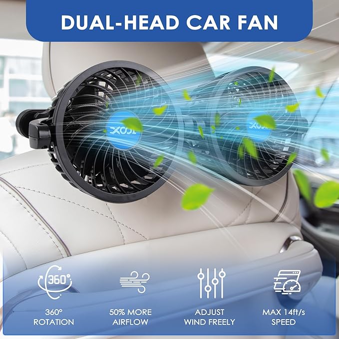 XOOL USB Dual Head Backseat Car Fan – 360° Rotatable Rear Seat Air Circulator with Stepless Speed & Adjustable Clip for Kids in SUV, Truck, RV