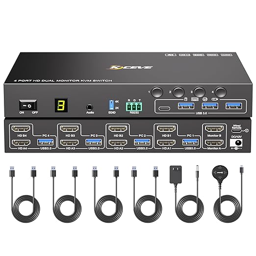 4 Port HDMI KVM Switch 2 Monitors 4 Computers 4K@60Hz EDID Simulation,Dual Monitor KVM Switch with 4 USB 3.0 Ports for USB Peripherals,Audio,RS232,with Wired Remote,12V Power and 4 USB Cables