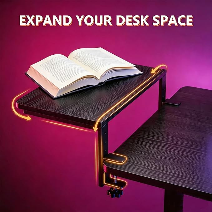 Clamp-On Desk Extender & Monitor Riser Shelf, Heavy Duty 44lbs Load, Adjustable Height, No Drill Installation for Office, Gaming PC & Home Workspace (Black)
