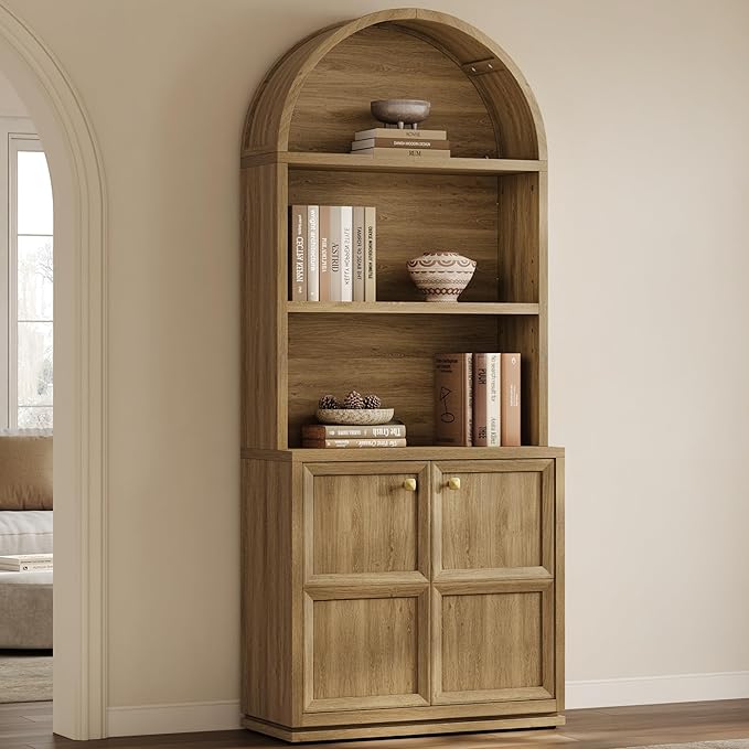 SICOTAS 81" Tall Arched Bookcase, Large Bookshelves with Storage, Modern 5-Tier Arched Cabinet with Adjustable Shelves & Cable Management for Home Office Library Living Room Kitchen, Brown Oak, 1 PCS