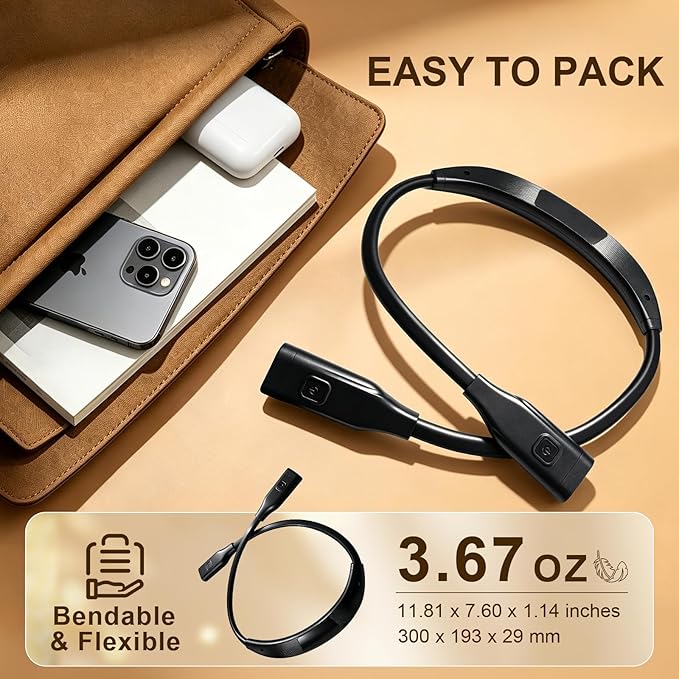 Book Light, 3-Color Reading Light, Lightweight 3.67 oz Bendable Neck Light, Rechargeable Lamp, Perfect for Reading in Bed, Knitting, Camping, Black