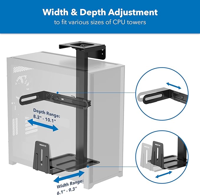 Mount-It! Under Desk PC Mount and Wall Mount, Adjustable CPU Holder with 360° Swivel, Fits Computer Towers 6.1–9.3" Wide, 8.2–10.1" Deep, Heavy Duty Steel 44 lbs Capacity, Anti-Scratch Pads