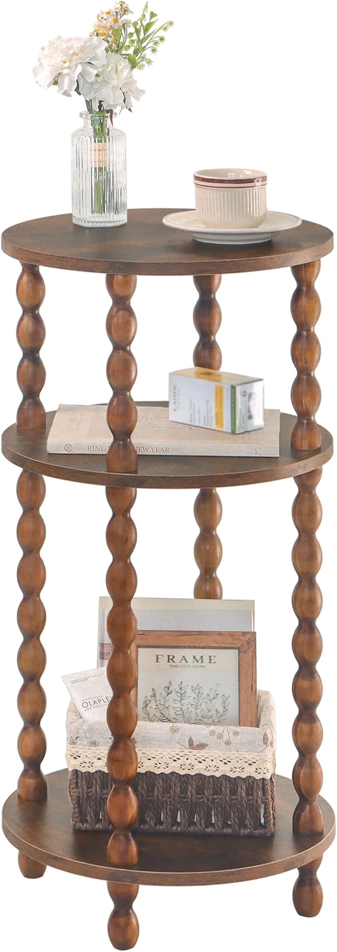 AWASEN Small Side Table, 3-Tier Round End Table for Small Spaces, Modern Bedside Table Nightstand for Bedroom, Living Room, Office, Rustic Brown