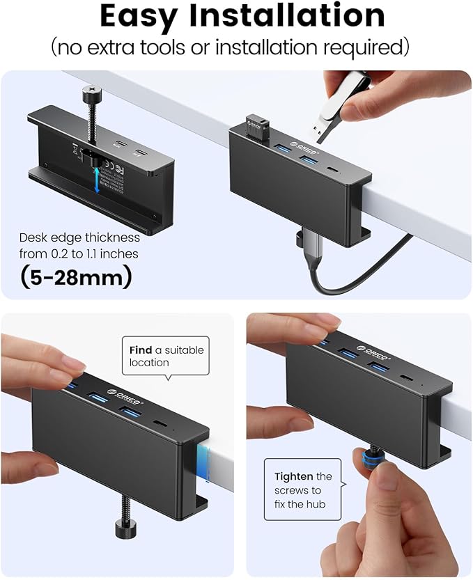ORICO USB Hub 3.0, Clamp USB Hub with Extra Power Supply Port, Aluminum 4-Port USB Adapter with 3 USB-A Data Ports, USB-C Port for Monitors, Desks (Black)