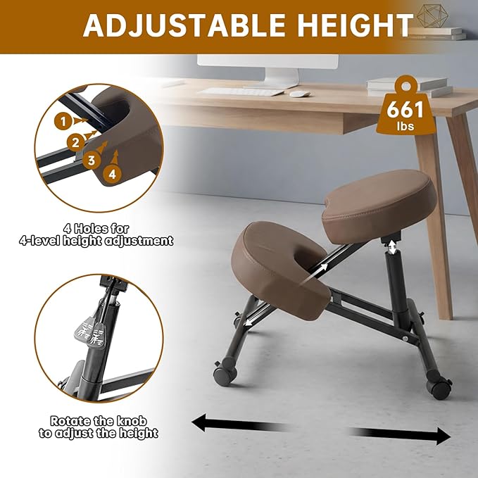 PU Leather Ergonomic Kneeling Chair, Adjustable Home and Office Stool with Thick Pads and Flexible Lockable Brake Wheels for Back Pain Relief（Dark Brown）