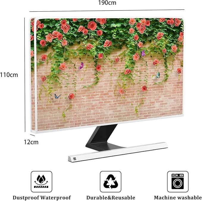 Waterproof Screen TV Dust Cover 80 Inch Anti-Scratch Television Covers Anti-Static Protective for LCD LED PC Desktop and Home Hanging TV Decoration，Pink Floral and Brick Wall