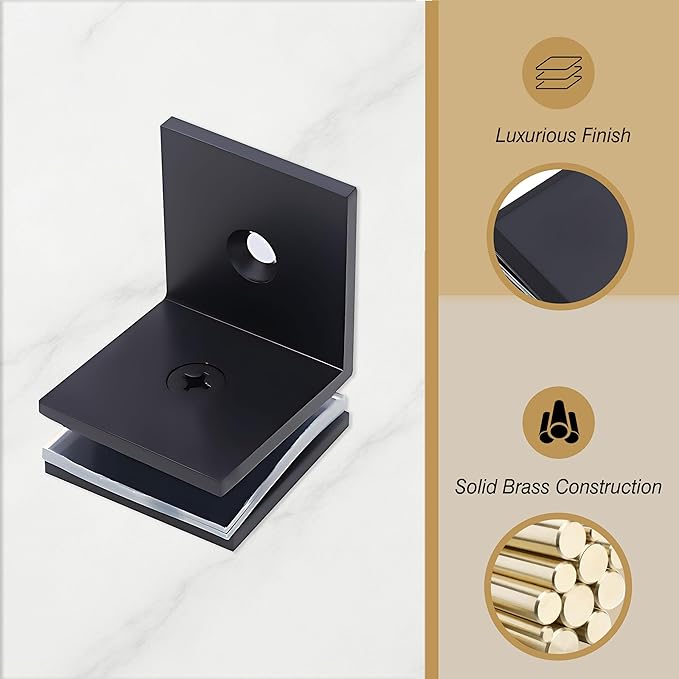 Brass Glass Clamp, for 5/16"–1/2" (8–12mm) Glass, Wall- or Floor-Mount Fixed Clips, Matte Black