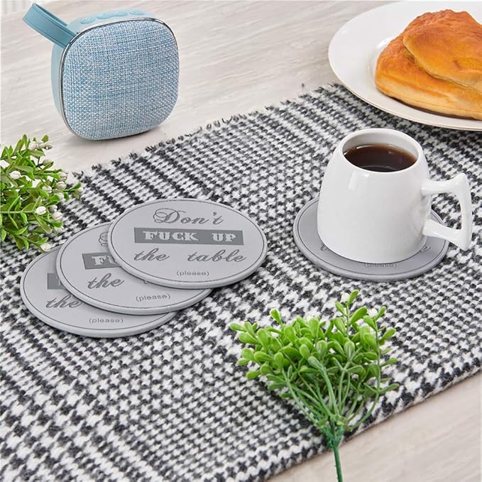 Funny Coasters, 6 Pcs Leather Coasters with Holder, Perfect Housewarming Hostess Gifts, Protect Furniture from Water Marks Scratch and Damage(6Pcs, Grey)