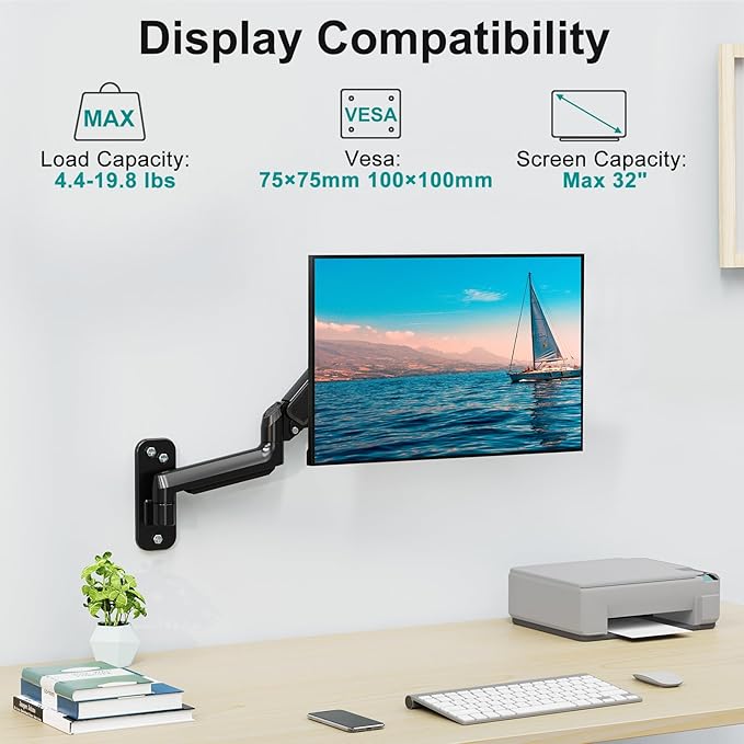Monitor Wall Mount Fits 17-32 Inch Flat/Curved Computer Screens, Single Arm Holds up to 19.8lbs, Height Adjustable Gas Spring Wall Monitor Stand Tilt, VESA Mount 75x75/100x100