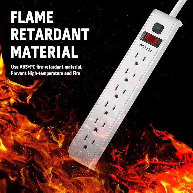 TiFFCOFiO Surge Protector Power Strip, 4 Feet Extension Cord, 600 Joules Surge Protection, Multiple Protection 6 Outlet Strip, 14 AWG Cord, 15A/1875W, ETL Listed, 2 Packs
