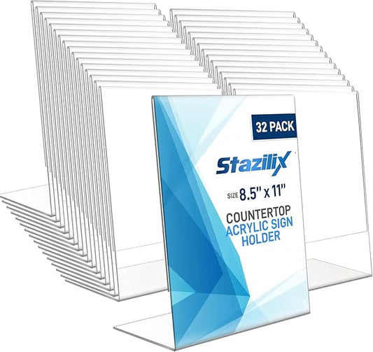32 Pack Acrylic Sign Holder 8.5x11, Standing L-Shape Vertical Menu Holder Stand, Flyer Display Stand, Table Paper Holder, Plastic Sign Display Stand for Restaurants, Store, Office
