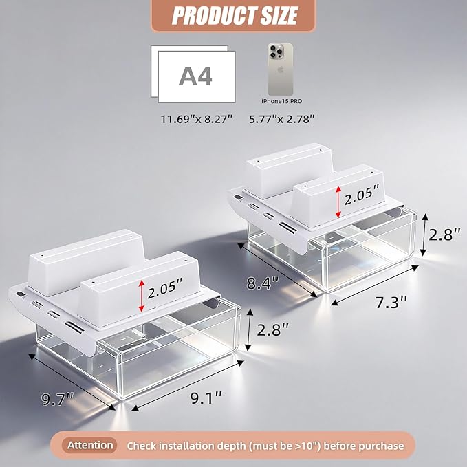 TooCust 2-Pack Under Desk Drawer for Desk with Frame & Beam, Fits Where Standard Drawers Can't, 52mm Heightened Slide Out Organizer, Dual Adhesive or Screw Mount, Clear PET Under Table Storage