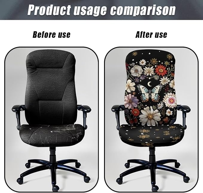 Talayituse Butterfly Daisy Moon Print Office Chair Cover Computer Chair Cover Thick Stretchable High Back Desk Chair Covers for Universal Large Boss Rotating Chair, L