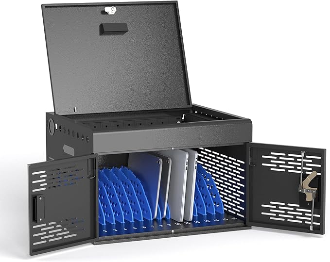 POCHAR 16-Unit Charging Cabinet for Laptops & Tablets - Locking Laptop Storage Box with Cable Management, Charger Storage, and Ground Protection for Classroom, Library, and Office (Black)
