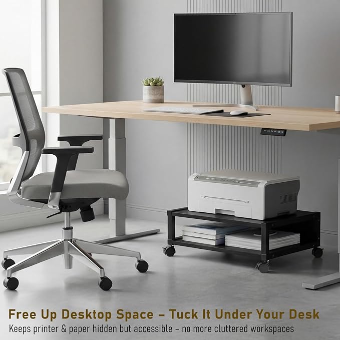 Zonon 2 Tier Printer Stand Under Desk with Lockable Wheels 19.7x15.7x7.9 Inch Rolling Printer Table Cart Under Desk Movable Wood-Based Panel Short Storage Shelf for Home Office Organization