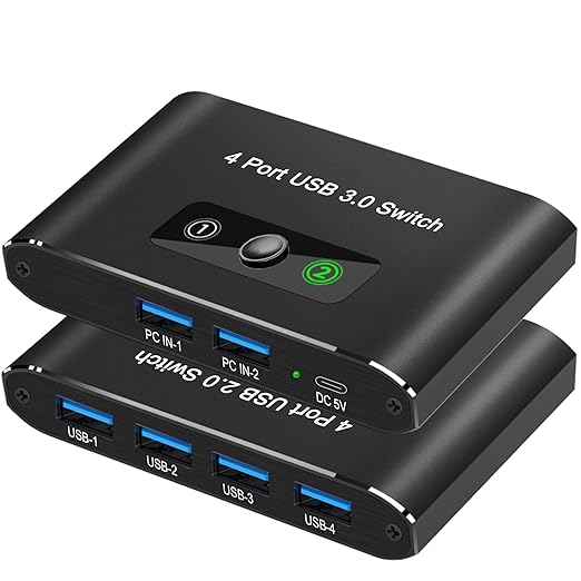 USB Switch, USB Switcher 2 Computers, USB 3.0 Switch Sharing 4 USB Devices KVM Switcher Box for PC, Printer, Scanner, Mouse, Keyboard with 2 Pack USB Cable, Compatible with Mac/Windows/Linux