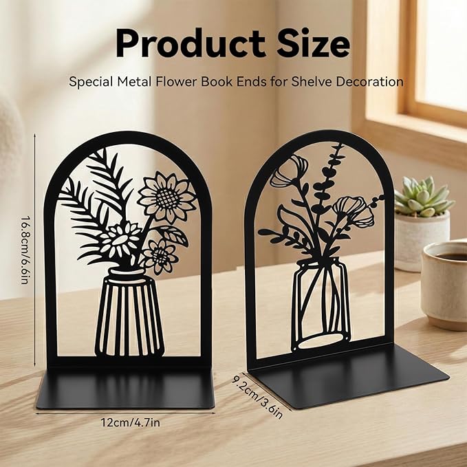 5 Pair Metal Bookends, Modern Decorative Book Ends for Shelves Non-Slip Black Book Stopper for Heavy Books Flower Shelf Holder for Home Office