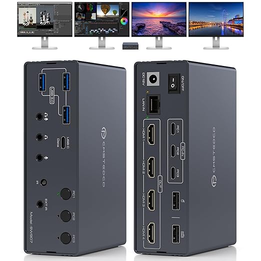 USB C KVM Switch Docking Station 3 Computers 4 Monitors for M1 M2 M3 M4 with Displaylink Technology,4K60Hz HDMI KVM Multi-Monitor Extended/Mirrored Display Out for Windows Mac