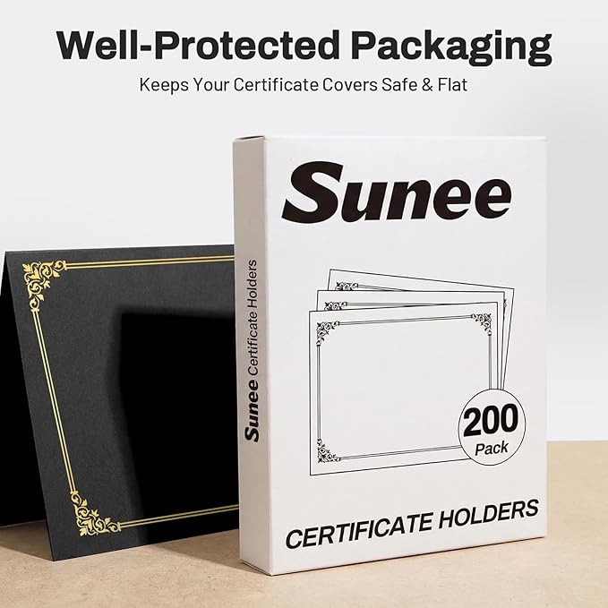 SUNEE Certificate Holders(Black, 200 Packs), Diploma Covers Gold Foil Border, for Letter Size 8.5x11 Certificates, Cardstock, Document Papers