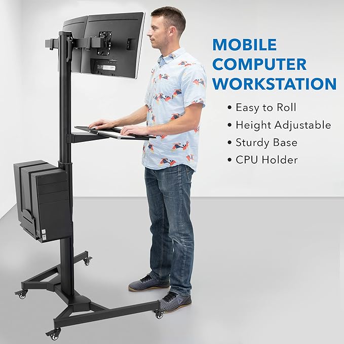 Mount-It! Dual Monitor Computer Cart – Mobile Standing Desk with Wheels, Rolling Workstation with Keyboard Tray, CPU Holder, and Adjustable Screen Mount for Office, Medical, or Warehouse