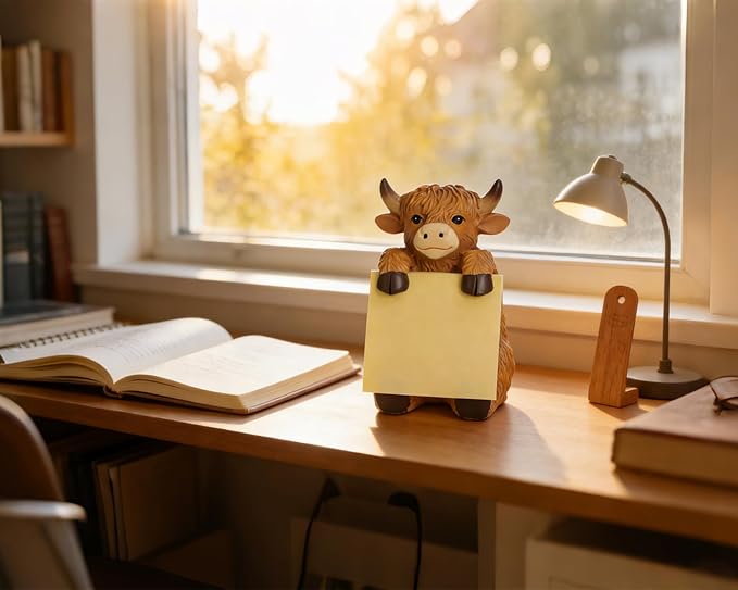 Highland Cow Pop-up Sticky Note Dispenser, Includes 1 Pad of 3x3 in Super Sticky Notes, 100 Sheets, Resin Cute Handmade Desk Holder for Office & Home-Brown